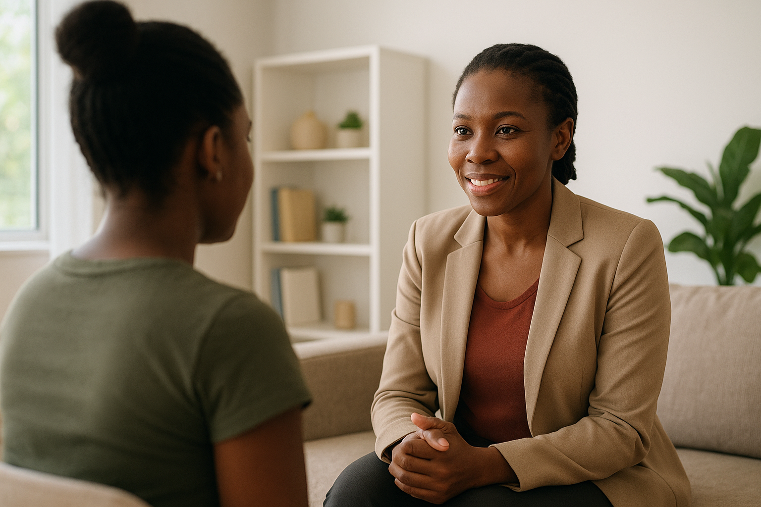A counselor and client talking.