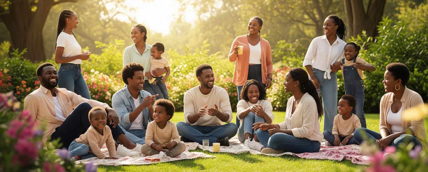 A large family sitting in a park for a picnic, showing community support and happiness.
